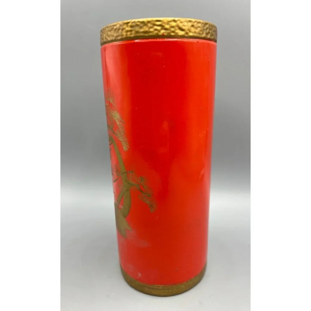 Vtg Norleans Japanese‎ Red Orange Gold Ceramic Vase Painted Landscape Design